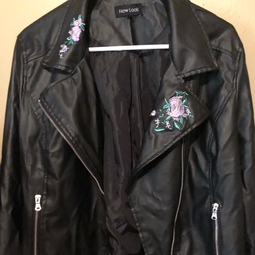 Flower embroidered leather jacket